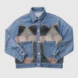 Pink , Tan and Grey Jean Jacket with Southwestern Pattern
